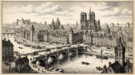 Obraz premium Detailed vintage black and white engraving-style illustration of an old European city with historic buildings, churches, river bridges, boats, and a panoramic urban landscape.