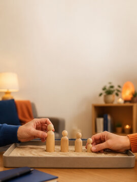 Hands arrange small wooden figures in a sensory sand tray on a table, with warm lamps, books, and a cozy home interior in the background.
