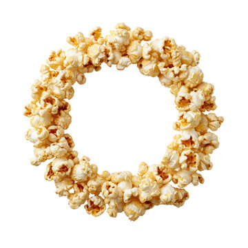 Cheerful scattered popcorn kernels arranged in loose ring with uniform pale golden tones isolated on transparent background for snack packaging design