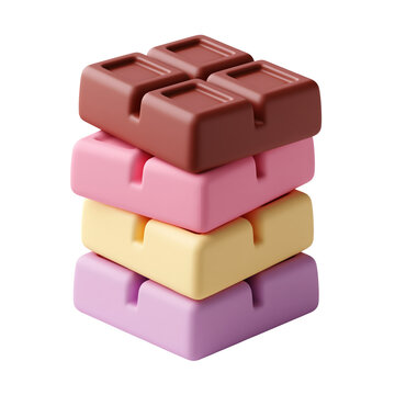 Colorful stacked chocolate squares in deep brown pink pale yellow and purple hues isolated on transparent background for candy confectionery design