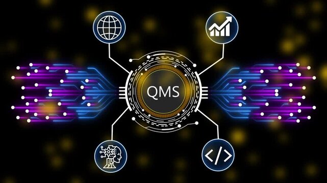 QMS Material Requirements Planning and AI Powered Manufacturing Management Digital Network Animation. 4k animation 
