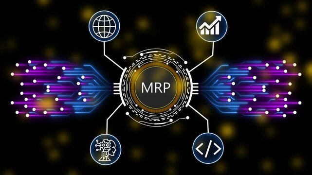MRP Material Requirements Planning and AI Powered Manufacturing Management Digital Network Animation. 4k animation 
