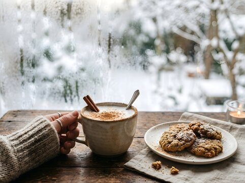 Person holding a warm beverage by a frosted winter window.