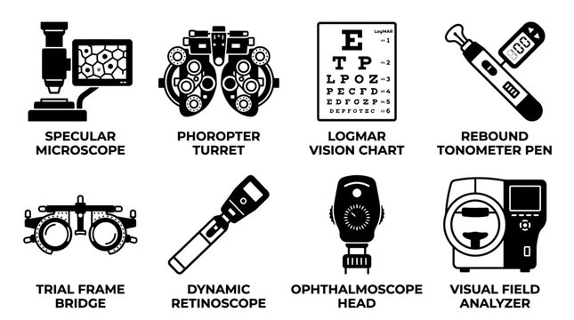 Set of eye care and vision testing device icons featuring specular microscope and logmar chart ophthalmology optometry specular microscope phoropter tonometer retinoscope ophthalmoscope