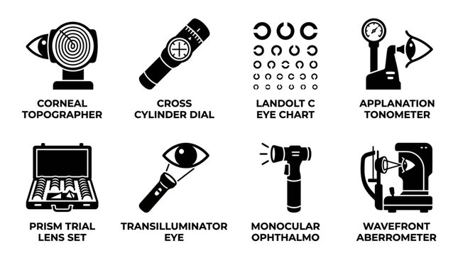 Set of eye clinic and vision diagnostic tool icons featuring corneal topographer and lens set diagnostic ophthalmology optometry topographer tonometer transilluminator monocular ophthalmoscope