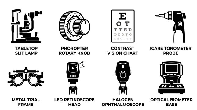 Vector set of ophthalmic diagnostic instruments and vision testing tools in simple outline style with optometry ophthalmology equipment tabletop contrast tonometer ophthalmoscope biometer