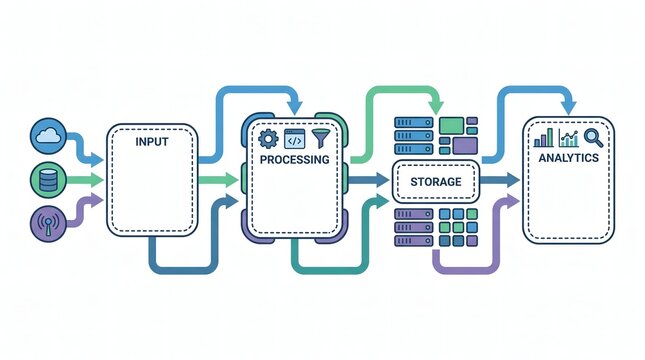 Abstract ecosystem infographic layout illustration showing data pipeline workflow including input processing storage and analytics stages
