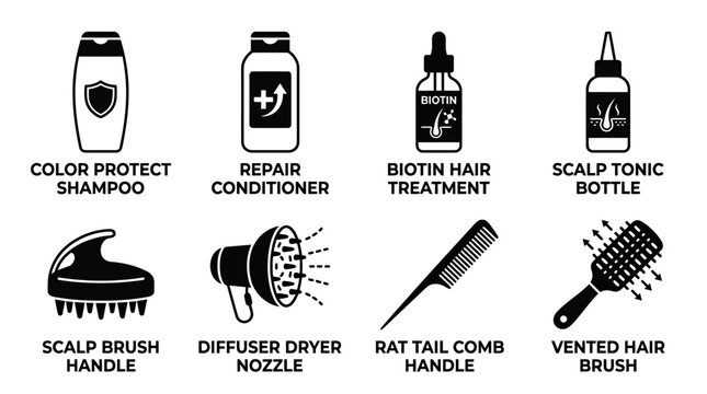 Set of black and white hair and scalp treatment icons featuring color protect shampoo repair conditioner and brushes haircare conditioner treatment diffuser grooming wellness collection