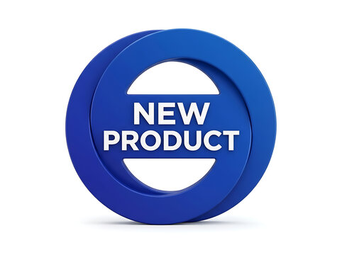 Blue 3d circular ring with new product text isolated on white background