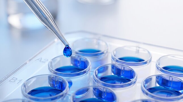 Professional Laboratory Scientist Using Precision Micropipette Filling Multiwell Plate Blue Chemical Reagent Biomedical Pharmaceutical Research Experiment Scientific Analysis Modern Lab Setting Photog