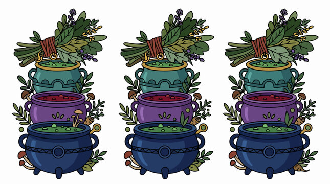 Stacked Cauldrons with Herbs and Potion Ingredients