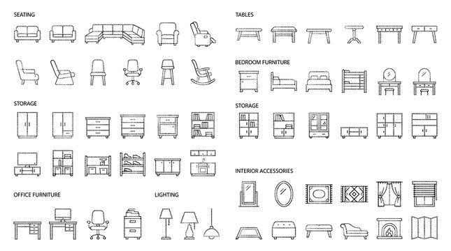 Minimal Furniture and Interior Linear Dot Icon Collection with Sofas, Chairs, Tables, Beds, Cabinets, Storage, Lighting, and Home Accessories