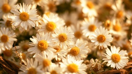 Fototapeta premium Chamomile flowers in woven basket on indoor bench, close-up view.
