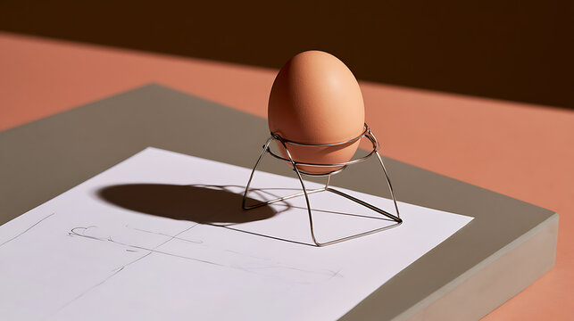 Minimalist composition with single brown chicken egg in metal wire holder on white paper sheet with sketch under warm directional sun