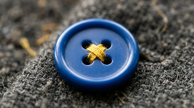 A Classic Blue Button Secured with Golden Yellow Thread on Textured Fabric