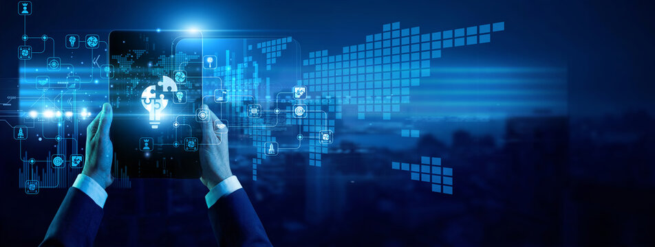 IT consultant hands hold modern tablet Solutions architecture layout. Expert teams provide customized fixes for complex business challenges. Innovative solutions and strategic development plan.