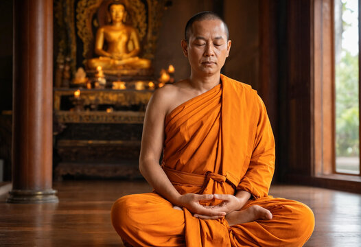 Buddhist monk in orange robes sits calmly in meditation inside a wooden temple, with a golden Buddha statue and natural light in the background.