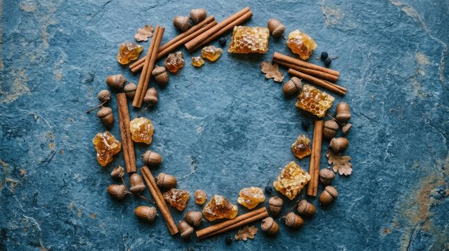 Autumn wreath of cinnamon sticks, acorns and honeycomb on a textured blue background.
