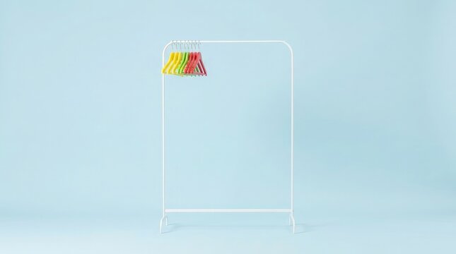 Empty clothing rack with colorful hangers on a light blue background
