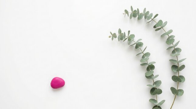 Eucalyptus branches and a pink pebble on a white background for minimalist spa design.