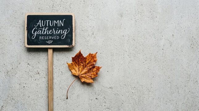 Autumn gathering chalkboard sign with a dry maple leaf on a textured grey background.