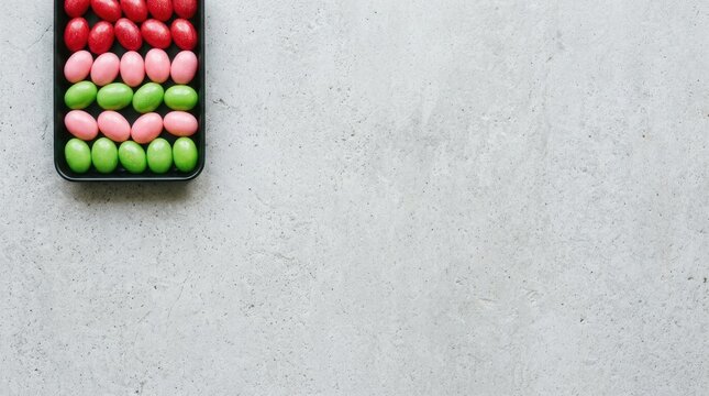 Colorful jelly candies arranged in a black tray on a light textured stone background
