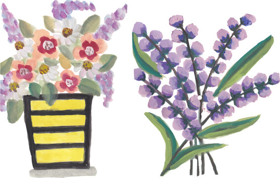 lavender and colorful flowers in vase hand drawn watercolor 