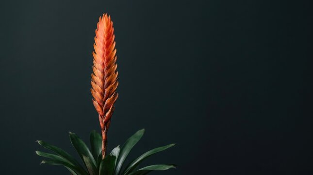 Vibrant orange bromeliad flower spike isolated on a dark minimalist background