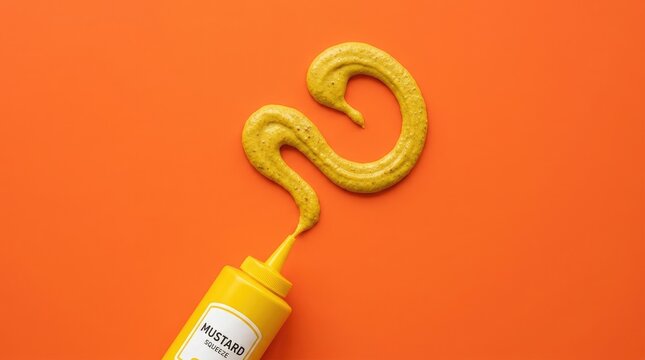 Yellow mustard squeezed from a bottle onto a vibrant orange background