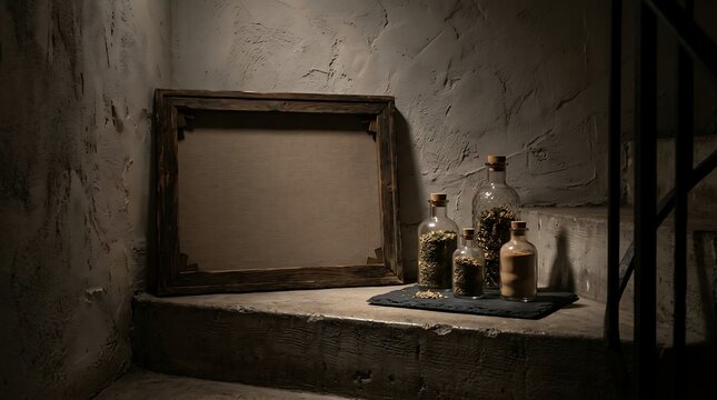 Rustic Frame and Glass Bottles Arranged on Concrete Steps