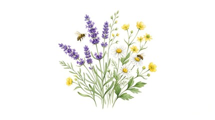 Fototapeta premium Purple and Yellow Wildflower Bouquet Watercolor Art
