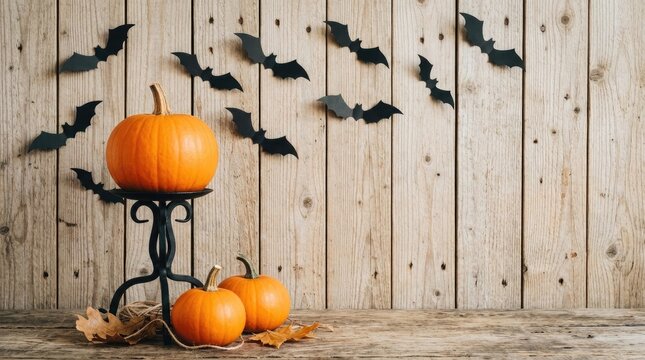 Halloween pumpkins and paper bats on rustic wooden background for festive holiday decor