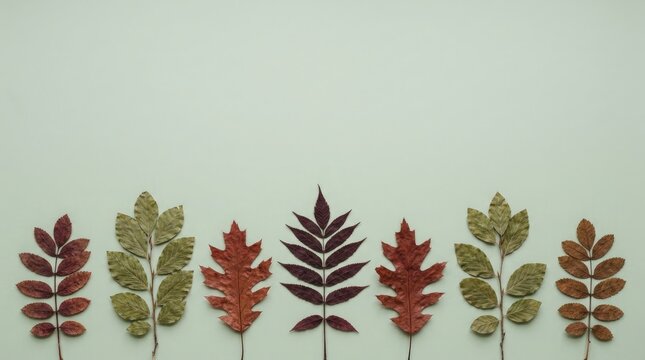 Dried autumn leaves arrangement on light green background with copy space for seasonal text.