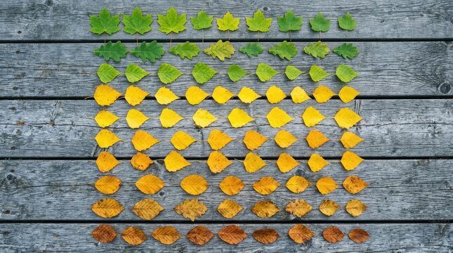 Autumn leaves color gradient arranged in rows on rustic wooden planks background