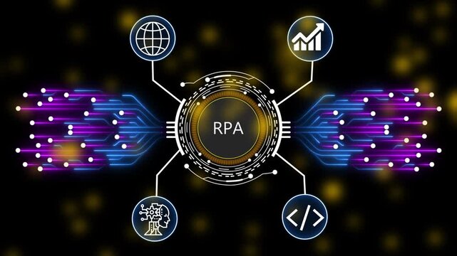 RPA Material Requirements Planning and AI Powered Manufacturing Management Digital Network Animation. 4k animation 