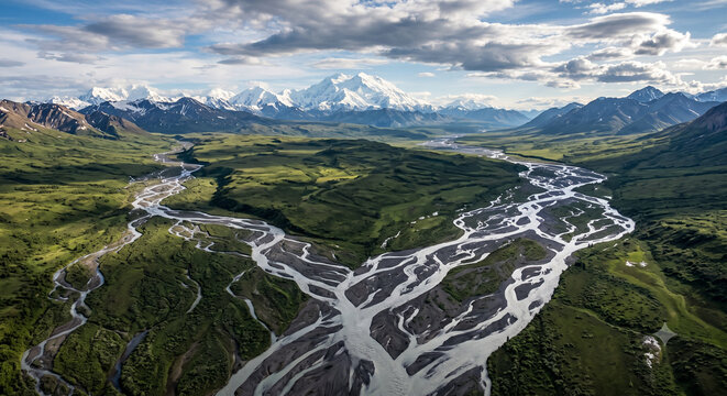 Aerial View of Braided Rivers and Denali Wilderness Alaska