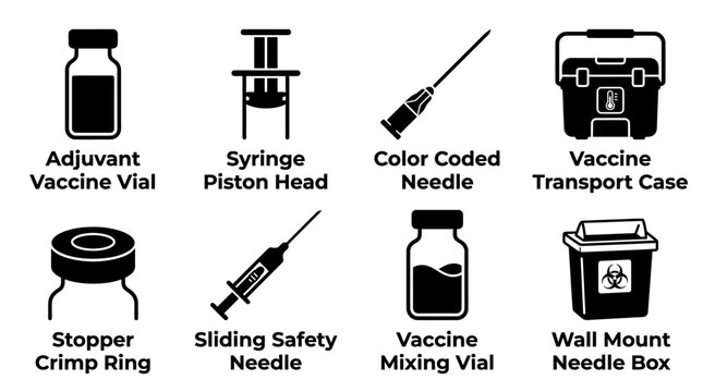 Medical vector icons set featuring adjuvant vaccine vial syringe piston head color coded needle vaccine transport case stopper crimp ring sliding safety needle wall mount needle box