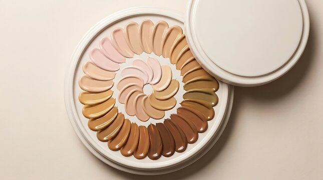 A circular palette showing a wide range of diverse human skin tone shades arranged in a ring shape for makeup foundation and beauty cosmetic product testing. skintone palette