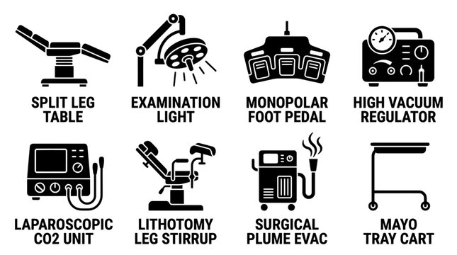 Surgical operating room apparatus icons showing split leg table and vacuum regulator with surgical operating apparatus regulator examination monopolar laparoscopic lithotomy hospital clinical