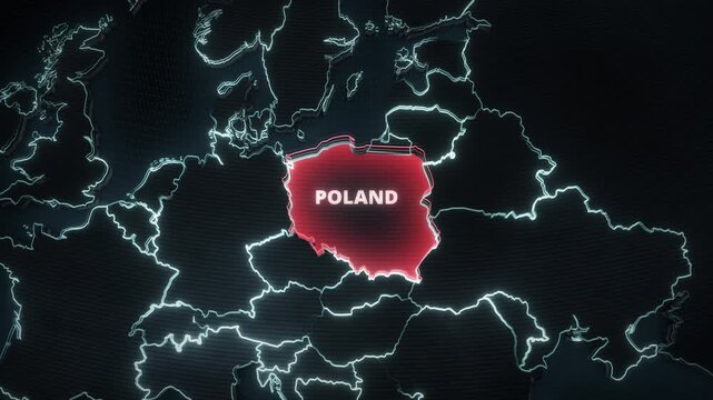 Map of Poland, Europe, featuring a red alert highlight, glowing digital borders, and a text label for horizontal broadcast news backgrounds.
