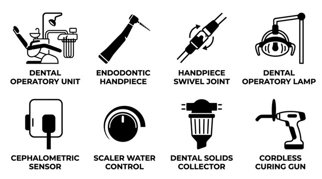 Set of dental operatory icons showing units handpiece joints lamps and collectors with operatory handpiece collectors endodontic cephalometric collector cordless graphics silhouette hospital