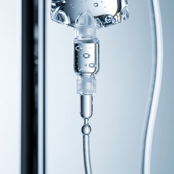 Macro shot of medical IV drip system with clear liquid solution. Intravenous infusion tube delivers medicine saline to patient in hospital. Close up of dropper, plastic medical equipment for health