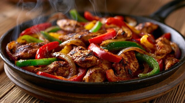 Cast iron skillet filled with steaming chicken fajitas, colorful bell peppers and onions on a rustic wooden table with visible rising smoke