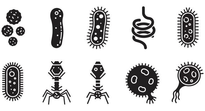Microorganism Icons Bacteria And Viruses Black Silhouette Collection On White