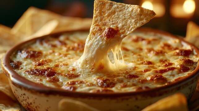Close-up of bubbling queso dip with tortilla chips dipped into melted cheese under warm golden lighting, creating an indulgent comfort food scene