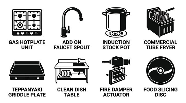 Professional commercial kitchen appliance and plumbing fixture icons set featuring hotplates and sinks equipment appliance commercial restaurant hotplate actuator catering gastronomy hardware