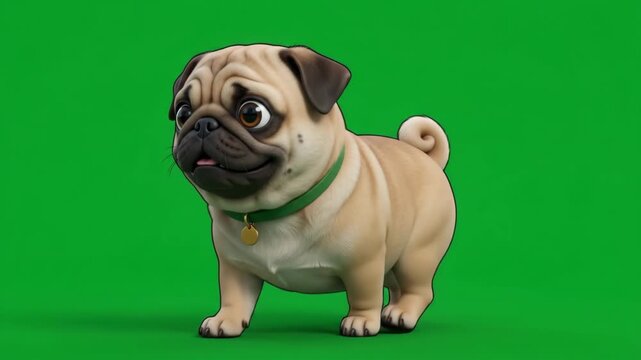 Cute cartoon pug dog with a green collar standing on a green screen background, looking adorable and playful.