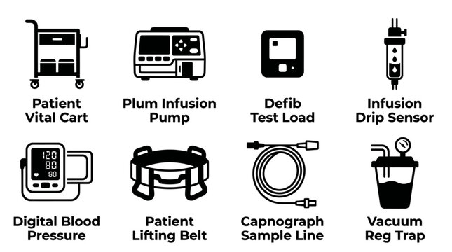 Medical equipment silhouette icons featuring patient vital cart plum infusion pump and digital blood pressure device equipment hospital healthcare clinical infusion pressure capnograph