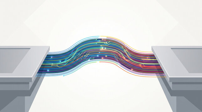 Digital transformation connection concept showing glowing fiber optic network lines bridging a gap between two concrete platforms