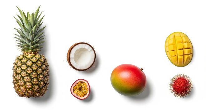 Assorted tropical fruits collection featuring whole pineapple halved coconut ripe mango passion fruit and red rambutan on white.